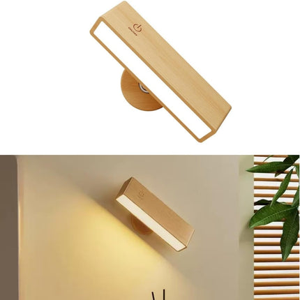 Indoor wall lamp - Wooden LED wall lamp with wireless charging - Bedroom wall lamp - 360° rotating touchscreen dimmable light - Drill-free installation - Suitable for bedroom/living room.