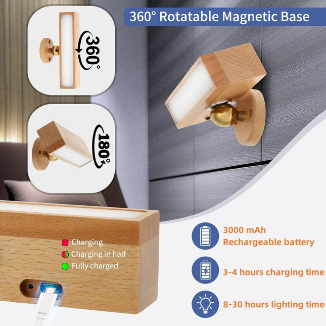 Indoor wall lamp - Wooden LED wall lamp with wireless charging - Bedroom wall lamp - 360° rotating touchscreen dimmable light - Drill-free installation - Suitable for bedroom/living room.