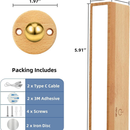Indoor wall lamp - Wooden LED wall lamp with wireless charging - Bedroom wall lamp - 360° rotating touchscreen dimmable light - Drill-free installation - Suitable for bedroom/living room.