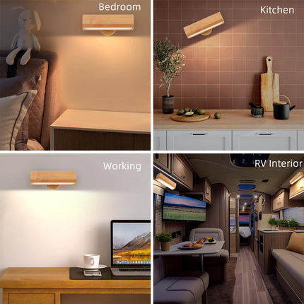 Indoor wall lamp - Wooden LED wall lamp with wireless charging - Bedroom wall lamp - 360° rotating touchscreen dimmable light - Drill-free installation - Suitable for bedroom/living room.