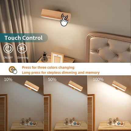 Indoor wall lamp - Wooden LED wall lamp with wireless charging - Bedroom wall lamp - 360° rotating touchscreen dimmable light - Drill-free installation - Suitable for bedroom/living room.