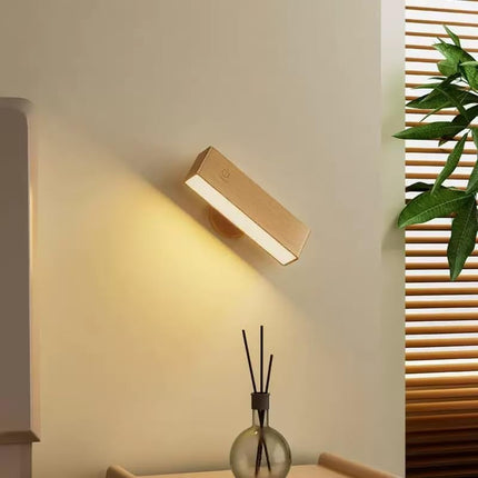 Indoor wall lamp - Wooden LED wall lamp with wireless charging - Bedroom wall lamp - 360° rotating touchscreen dimmable light - Drill-free installation - Suitable for bedroom/living room.