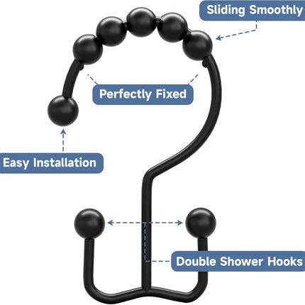 Matzwarte shower curtain hooks (12-pack) - Double hooks made of stainless steel - Hooks with smooth rolling action - Suitable for shower curtains up to 3.3 cm thick - Suitable for shower curtains and waterproof liners. (black).