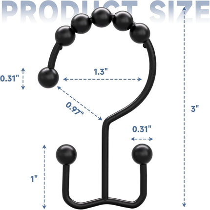 Matzwarte shower curtain hooks (12-pack) - Double hooks made of stainless steel - Hooks with smooth rolling action - Suitable for shower curtains up to 3.3 cm thick - Suitable for shower curtains and waterproof liners. (black).