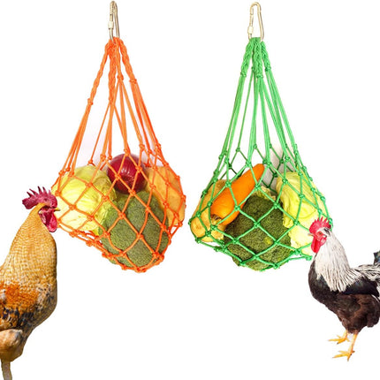 Feed bag - Feed net bag - Chicken, duck and goose feed net bag - Hanging - With carabiner - Feed tray for fruit and vegetables - 60 cm - 2 colours.