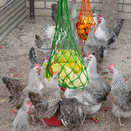 Feed bag - Feed net bag - Chicken, duck and goose feed net bag - Hanging - With carabiner - Feed tray for fruit and vegetables - 60 cm - 2 colours.