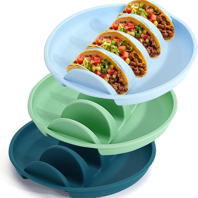 Silicone taco trays - 3-pack - with dividers - Eco-friendly - Reusable - Taco plates - Taco holders - Hard/soft taco shell holder - Taco party tray - Dishwasher and microwave safe.
