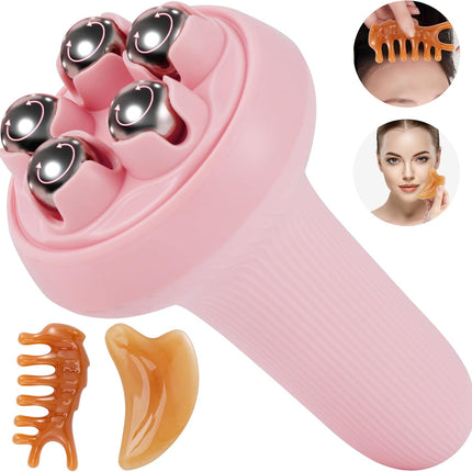 Massager - Portable Lymph Massage Roller - Neck Roller - Massage Tool - Helps Release Muscles, Face and Body - Face Roller - Facial Gua Sha Set (pink).