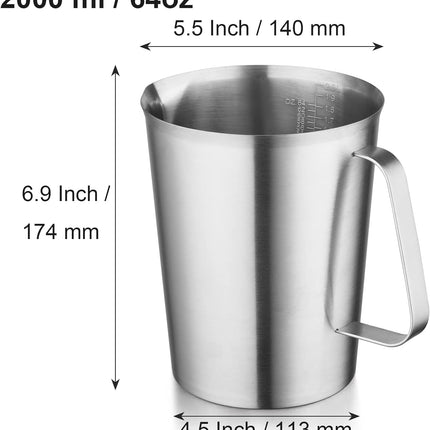 Stainless Steel Measuring Jug - 304 Stainless Steel - with Handle and Spout - Metal Pitcher with oz and ml Markings - 64 oz / 2 Litres (8 Cups) - Extra Strong Pitcher.