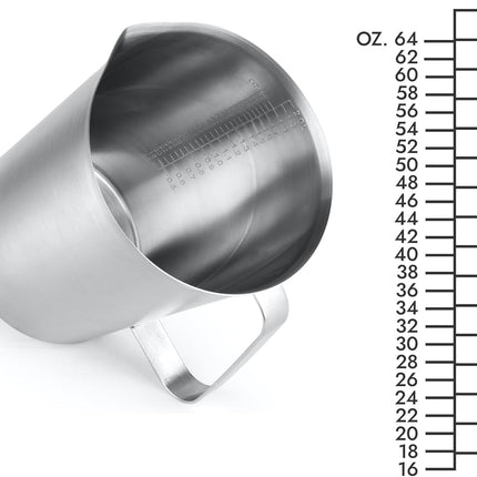 Stainless Steel Measuring Jug - 304 Stainless Steel - with Handle and Spout - Metal Pitcher with oz and ml Markings - 64 oz / 2 Litres (8 Cups) - Extra Strong Pitcher.
