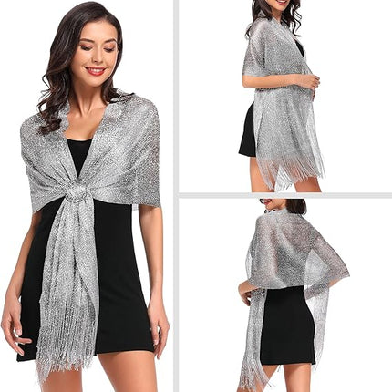 Ladies' scarf - shimmering metallic scarf - fringed scarf - suitable for evening parties, weddings, sea, beaches - with clip.