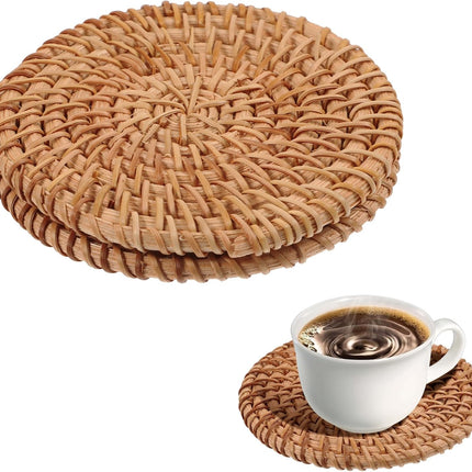 Coasters - Set of 2 - Naturally Woven Coasters - Rattan Coasters - 3.93 inches - Round Reed Coasters - Eco-Friendly Coasters - Boho Coasters - Coffee Table - Housewarming Gift - Hot Drinks - Home Decor.