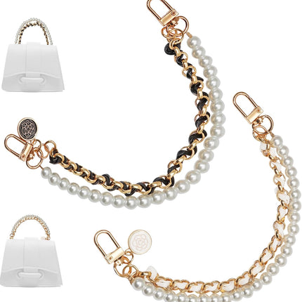 Biaungdo 2 Pcs Pearl Purse Extender Chain, Luxury Black and Gold Handbag Straps Replacement, Metal Purse Strap Extender Short Purse Handles Clutches Handles for DIY Crafts Bags.