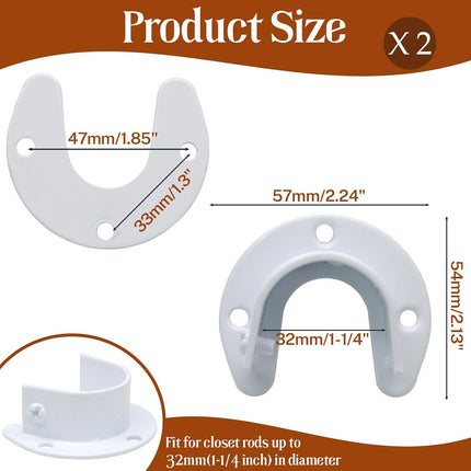 Biaungdo 1-1/4 Inch Stainless Steel Closet Rod End Supports, 2 Pcs White Heavy Duty Wardrobe Rod Brackets Closet Pole Sockets Flange Rod Holder, U-Shaped.