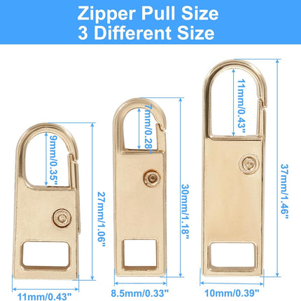 Biaungdo 6 Pcs Zipper Pull Replacement, Detachable Zipper Pull Tabs Slider Metal Luggage Zipper Handle and Fixes for Clothing Jackets Backpacks Handbags Wallet Boots Purse Coat(3 Sizes, Gold).