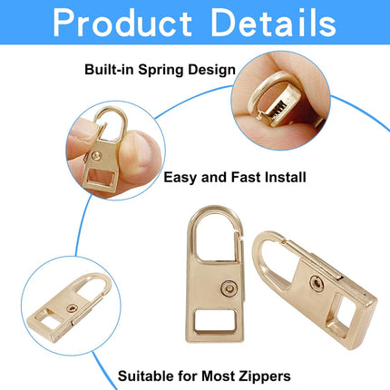 Biaungdo 6 Pcs Zipper Pull Replacement, Detachable Zipper Pull Tabs Slider Metal Luggage Zipper Handle and Fixes for Clothing Jackets Backpacks Handbags Wallet Boots Purse Coat(3 Sizes, Gold).