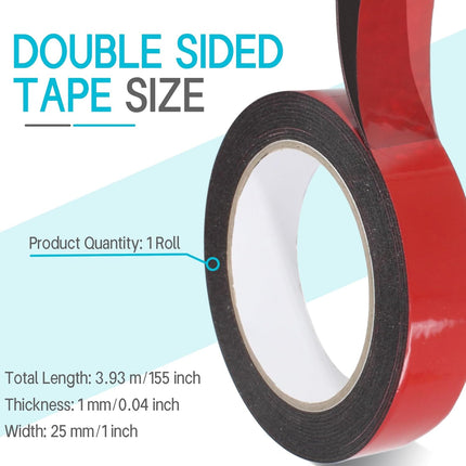 Biaungdo 1 Roll Double Sided Tape Heavy Duty, 155 inch x 1 inch Black Two Sided Mounting Tape, Removable Picture Hanging Adhesive Strips for Poster, Carpet, Walls Decor.