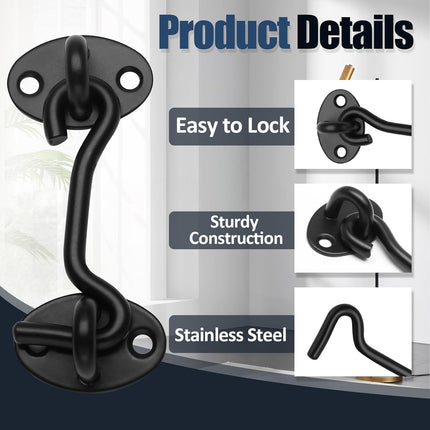 Biaungdo Heavy Duty Hook and Eye Latch, 3 Inch Black Privacy Hook Barn Door Lock Easy Lock, Stainless Steel Gate Latch for Doors/Windows/Sheds/Gates/Fences/Closets/Cabinets, 1 Pack.