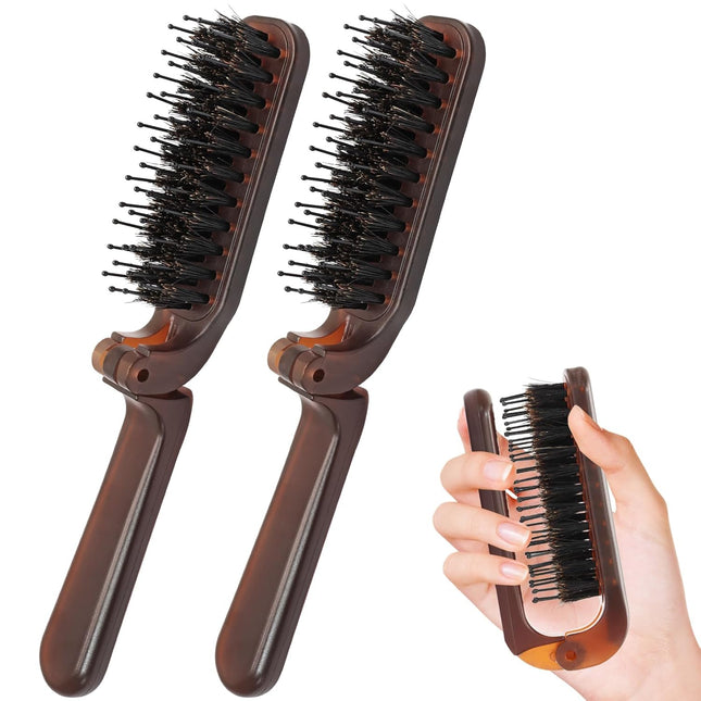 Biaungdo 2 Pack Foldable Hair Brush, Boar Bristle Hair Brush for Women & Men, Mini Travel Hairbrush Portable Collapsible Pocket Comb for Any Hair Types (Amber).