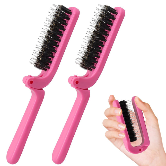 Biaungdo 2 Pack Foldable Hair Brush, Boar Bristle Hair Brush for Women & Men, Mini Travel Hairbrush Portable Collapsible Pocket Comb for Any Hair Types (Hot Pink).