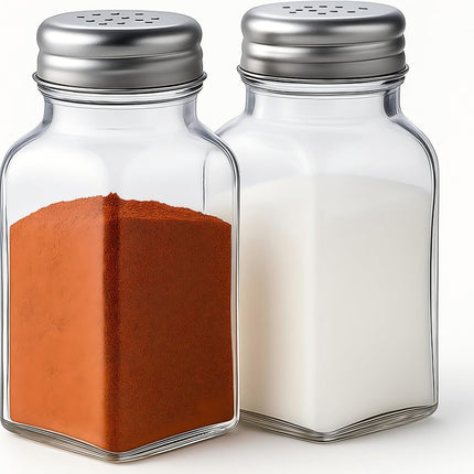Salt and Pepper Shakers Set, Salt Shaker 2 Pcs,High Transparency Glass Stainless Steel Kitchen Tools Home Essential.