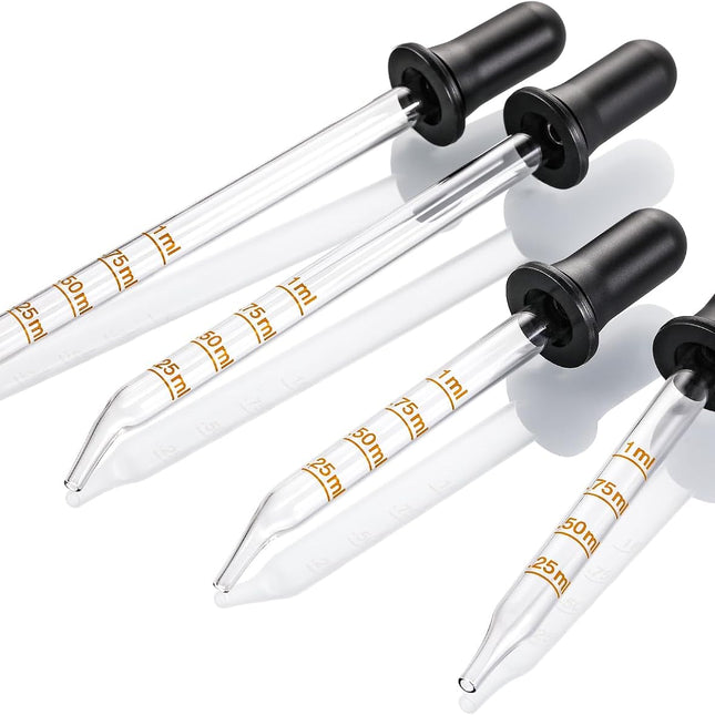 4 Pack, 1 mL Glass Eye Dropper with Measurement - Long & Short, Bent & Straight Tip Calibrated Glass Medicine Droppers, Accurate Dose Pipette Dropper for Essential Oils, Feeding, Ear, Lab, Health Care.