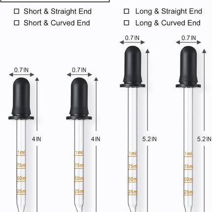 4 Pack, 1 mL Glass Eye Dropper with Measurement - Long & Short, Bent & Straight Tip Calibrated Glass Medicine Droppers, Accurate Dose Pipette Dropper for Essential Oils, Feeding, Ear, Lab, Health Care.