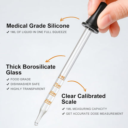 4 Pack, 1 mL Glass Eye Dropper with Measurement - Long & Short, Bent & Straight Tip Calibrated Glass Medicine Droppers, Accurate Dose Pipette Dropper for Essential Oils, Feeding, Ear, Lab, Health Care.