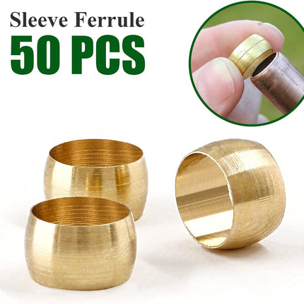 Biaungdo 50 Pcs Brass Compression Fitting, 1/4" Tube OD Compression Sleeves Ferrules Brass Compression Tube Fitting Assortment.