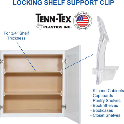 Self-Locking Shelf Support Clips, Made in The USA - for 3/4" Thick Shelves, 5mm Dowel Peg - for Kitchen Cabinet, Cupboard, Pantry, Closest, Book Shelves - Clear Plastic Clip (8, Clear).
