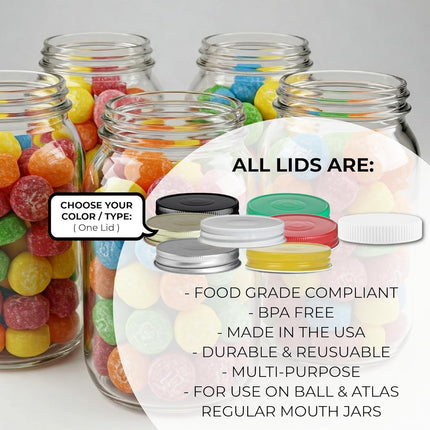 Lid for Ball/Atlas Mason Jars, Regular Mouth - Made in the USA (1 Count) - [You Choose - Metal or Plastic] Food Grade Cap, Lids for Standard Size Glass Canning Jars (Metal Lid - White).