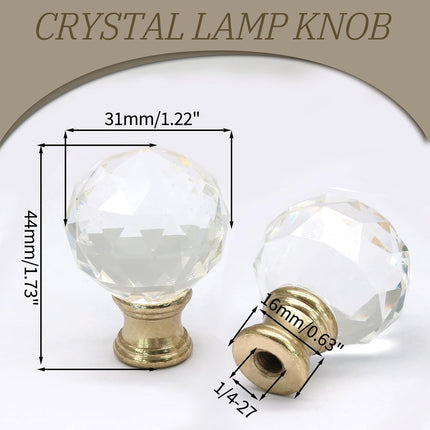 Biaungdo 2 Pack Crystal Lamp Finial, Clear Lamp Finial Cap Knob Diamond Lamp Shade Finial Glass Lamp Screw Top Lamp Decoration for Lamp Shade, with 1/4-27 Inch Gold Base.
