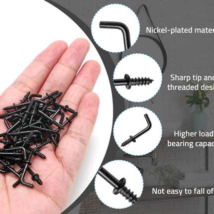 Biaungdo 100 Pack 1/2" L Hooks, Black Screw in Hooks Small L Shaped Hooks Right Angle Screw Hooks 7 Shape Hook Mini Self Tapping Screw Hooks Tiny Metal Screw Hooks for Hanging.