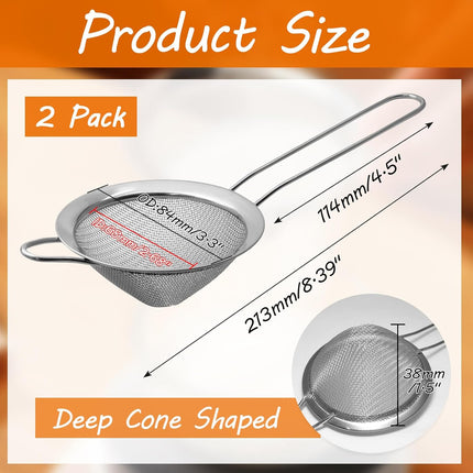 Biaungdo 2 Pcs 8.5 cm/3.3 Inch Fine Mesh Strainer, Stainless Steel Tea Strainer Conical Mesh Strainers Sieve for Cocktail, Coffee, Food, Noodles, Tea Filter(Small).
