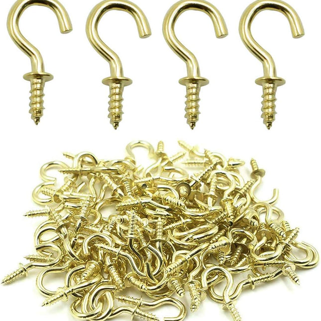 Biaungdo 100 Pcs 1/2" Ceiling Cups Hooks Screw Hooks Ceiling Cup Hooks Self-Tapping Screws Hooks Gold.