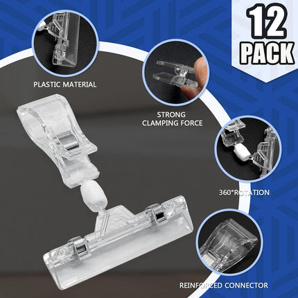 Biaungdo 12 Pcs Rotating Clip Swivel Sign Rotatable Holding Clamp, Clear Rotating Sign Clip Price Display Holder Clips for Shelves, Store, Business, Exhibition, Supermarkets.