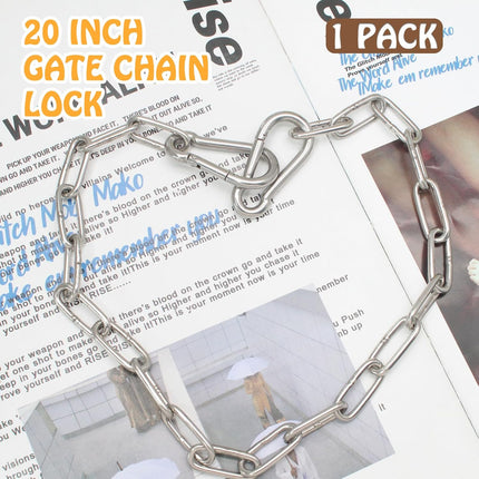 Biaungdo 20 Inch Gate Chain Lock, Chain Link Lock Fence Gate Latch with Carabiner, Stainless Steel Chain Link Gate Lock for Outdoor Fence, Livestock Gate, Yard.