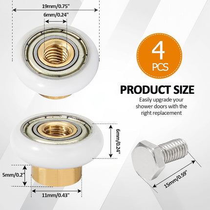 Biaungdo 4 Sets Shower Door Rollers, 19 mm Shower Door Rollers Runners Wheels Replacement Part, Bathroom Glass Door Roller Wheel Sliding Shower Door Runner.