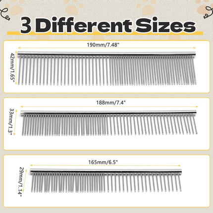Biaungdo 3 Pcs Dog Grooming Combs Set, Metal Dog Comb for Removing Tangles and Knot, Cat Brush Grooming Tool for Long Haired Pets(7.48 x 1.65 inch & 7.4 x 1.3 inch & 6.5 x 1.14 inch).