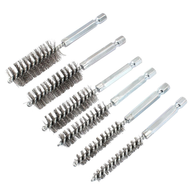 Biaungdo 6 Pcs Stainless Steel Bore Brush, Twisted Wire Drill Brush Metal Bristles Wire Brush Bore Cleaning Brush with Hex Shank Handle for Power Drill Plumbing Tools(8/10/12/15/17/19mm).