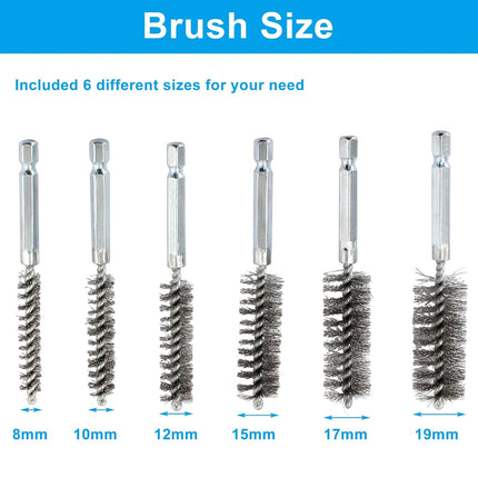 Biaungdo 6 Pcs Stainless Steel Bore Brush, Twisted Wire Drill Brush Metal Bristles Wire Brush Bore Cleaning Brush with Hex Shank Handle for Power Drill Plumbing Tools(8/10/12/15/17/19mm).