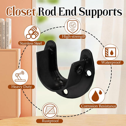 Biaungdo 1-1/4 Inch Stainless Steel Closet Rod End Supports, 4 Pcs Black Heavy Duty Wardrobe Rod Brackets Closet Pole Sockets Flange Rod Holder, U-Shaped.