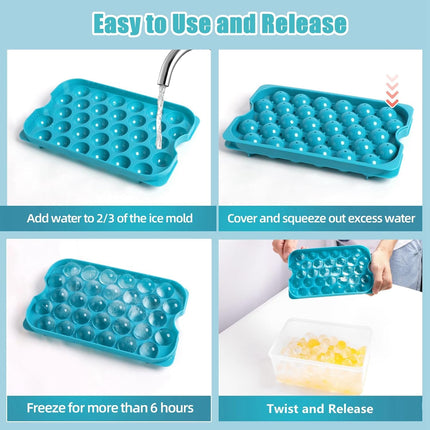 Bangp Ice Cube Tray with Lid and Bin,3 Pack Round Ice Trays for Freezer with Lid,96PCS 0.8" Ice Balls for Chilling Drinks Coffee Juice,Ice Cube Trays for Freezer with Ice Container,Ice Scoop & Tongs.