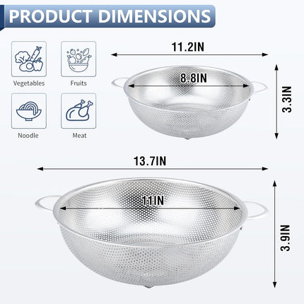 Colander Stainless Steel 3-Quart, Metal Strainer with Base, Strainer for Kitchen Food, Dishwasher Safe.