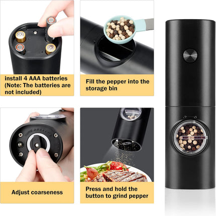 Electric Pepper Grinder or Salt Mill, Battery Powered Automatic Pepper Mill, Ceramic Grinder with Adjustable Coarseness, LED Light, One Hand Operation (1 pack).