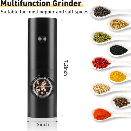Electric Pepper Grinder or Salt Mill, Battery Powered Automatic Pepper Mill, Ceramic Grinder with Adjustable Coarseness, LED Light, One Hand Operation (1 pack).