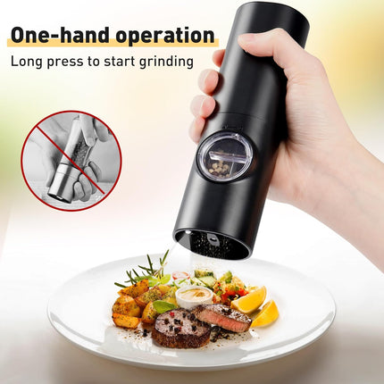 Electric Pepper Grinder or Salt Mill, Battery Powered Automatic Pepper Mill, Ceramic Grinder with Adjustable Coarseness, LED Light, One Hand Operation (1 pack).