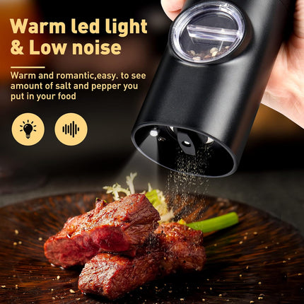 Electric Pepper Grinder or Salt Mill, Battery Powered Automatic Pepper Mill, Ceramic Grinder with Adjustable Coarseness, LED Light, One Hand Operation (1 pack).
