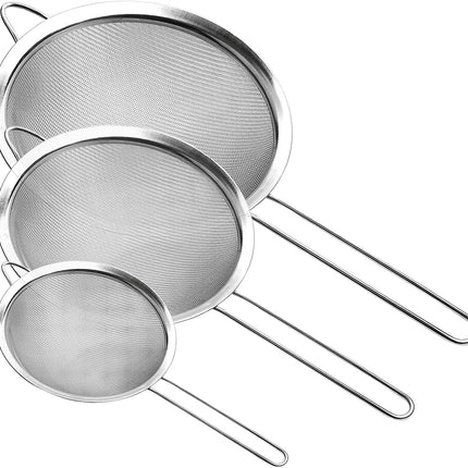 Supercenter Fine Mesh Strainer, Stainless Steel Fine Mesh Sieve, Set of 3 Small Strainers Fine Mesh for Kitchen, Silver Colander Sieve Sifter with Long Handle, 3.4", 5.8", 7.8".