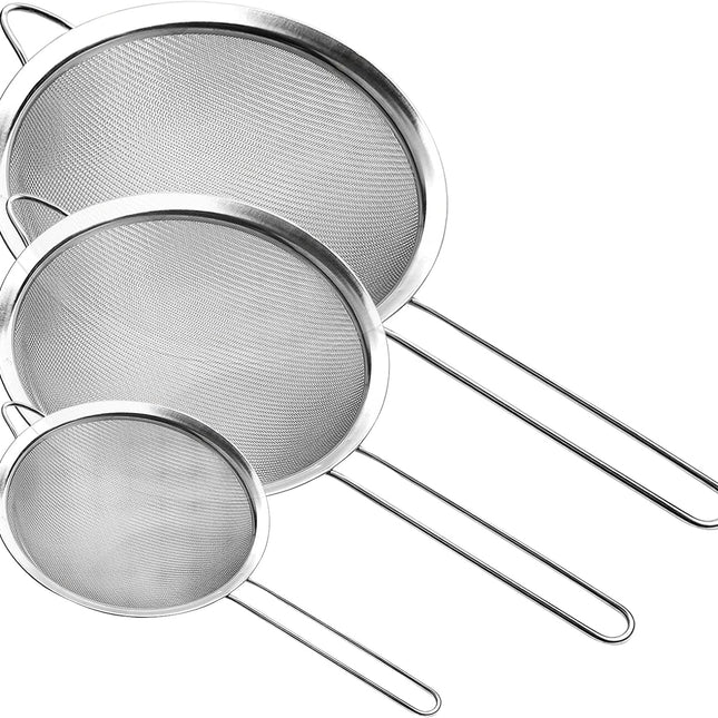 Supercenter Fine Mesh Strainer, Stainless Steel Fine Mesh Sieve, Set of 3 Small Strainers Fine Mesh for Kitchen, Silver Colander Sieve Sifter with Long Handle, 3.4", 5.8", 7.8".
